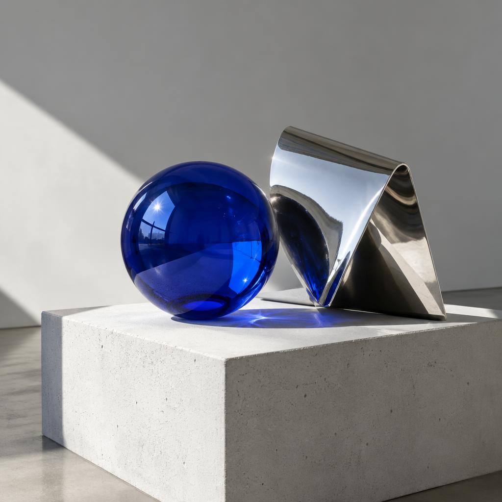 Cobalt glass and sculptural chrome in a minimalist gallery